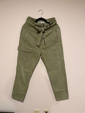 Zara Sage Green Utility Cargo Pants with Tie Belt